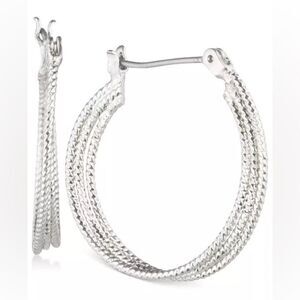 Nine West Multi-Row 1" Textured Hoop Earrings Silver Tone New